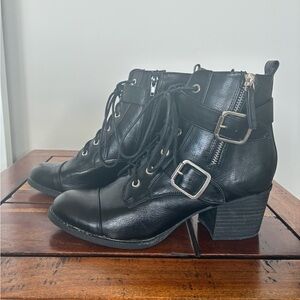 Women’s Black Faux Leather Lace Up Ankle Boots With Silver Buckles.